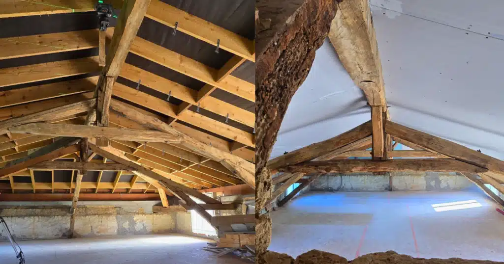 Rénovation de combles : aménagement et charpente apparente Avant-après rénovation de combles avec charpente en bois apparente et isolation sous toiture.