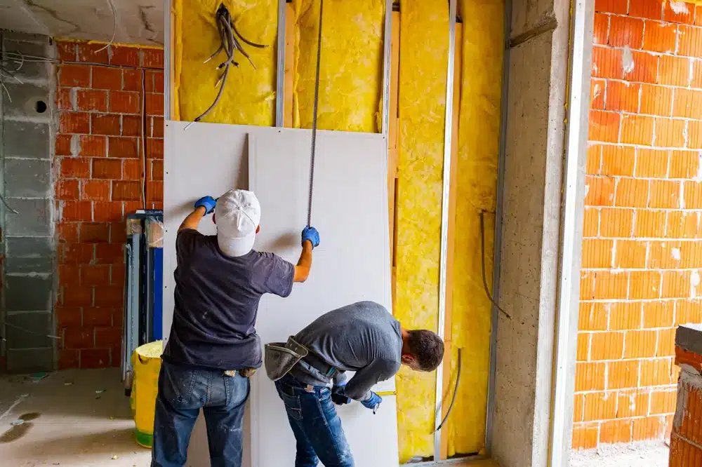 Deux ouvriers installent une plaque de plâtre sur une ossature métallique avec isolant jaune sur un chantier.