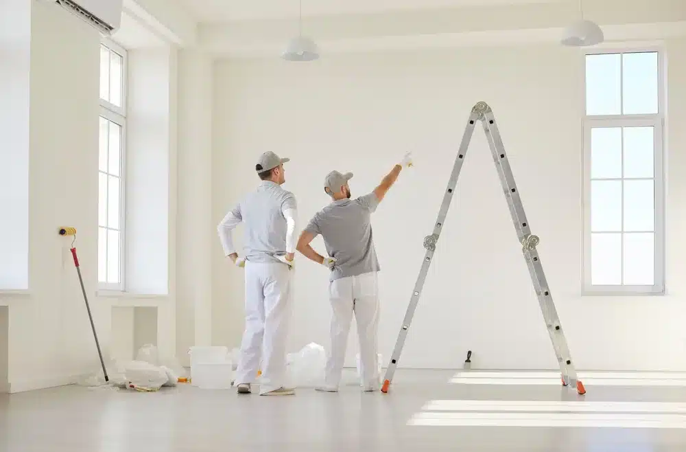 Travaux de peinture intérieure par des professionnels Deux peintres en uniforme planifient la rénovation d'un mur blanc à côté d'une grande échelle dans une pièce lumineuse.